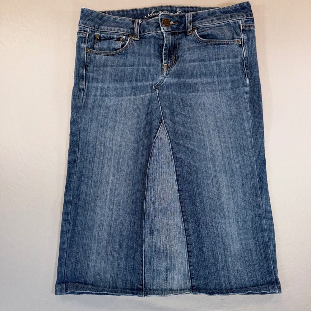 American Eagle Reworked Denim Midi Skirt Blue Stretch Upcycled 10 Boho Festival